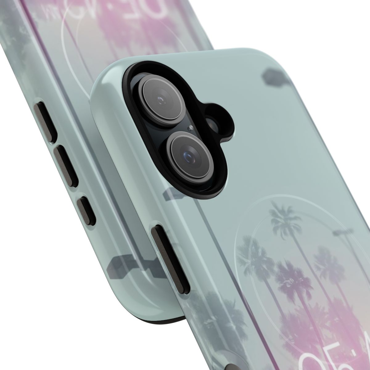 Sleek and stylish vaporwave-inspired phone case with neon lights, palm trees, and retro aesthetic - Detail