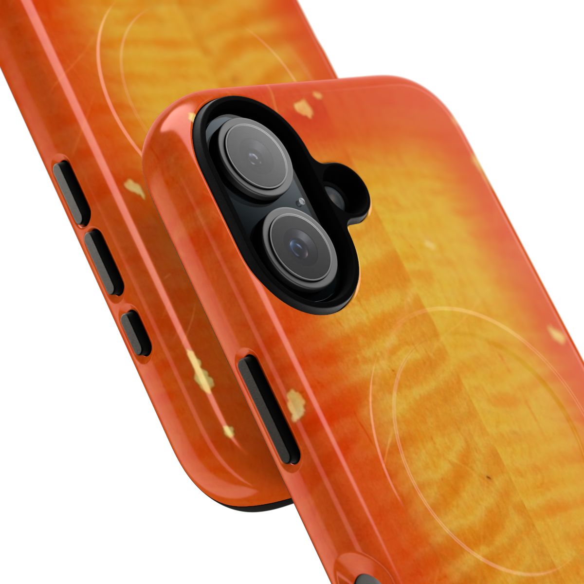 A custom-crafted phone case featuring a cherry burst design on a flamed maple backdrop, inspired by iconic guitar finishes. - Detail