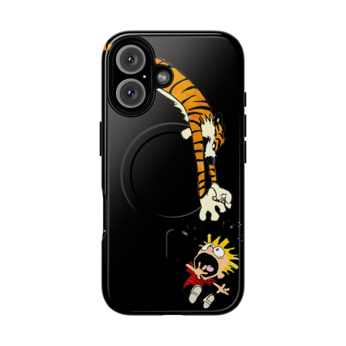 Whimsical phone case featuring the beloved characters Calvin and Hobbes from the iconic comic strip, pouncing in a playful scene.