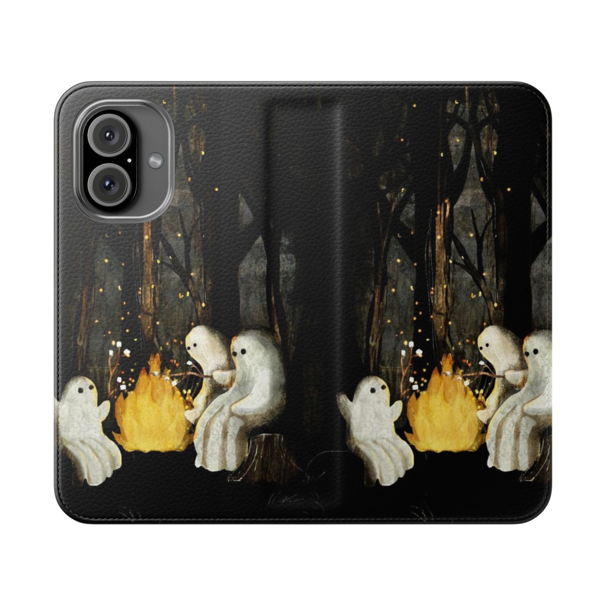 Flip cover phone case with a ghostly, marshmallow-roasting campfire design