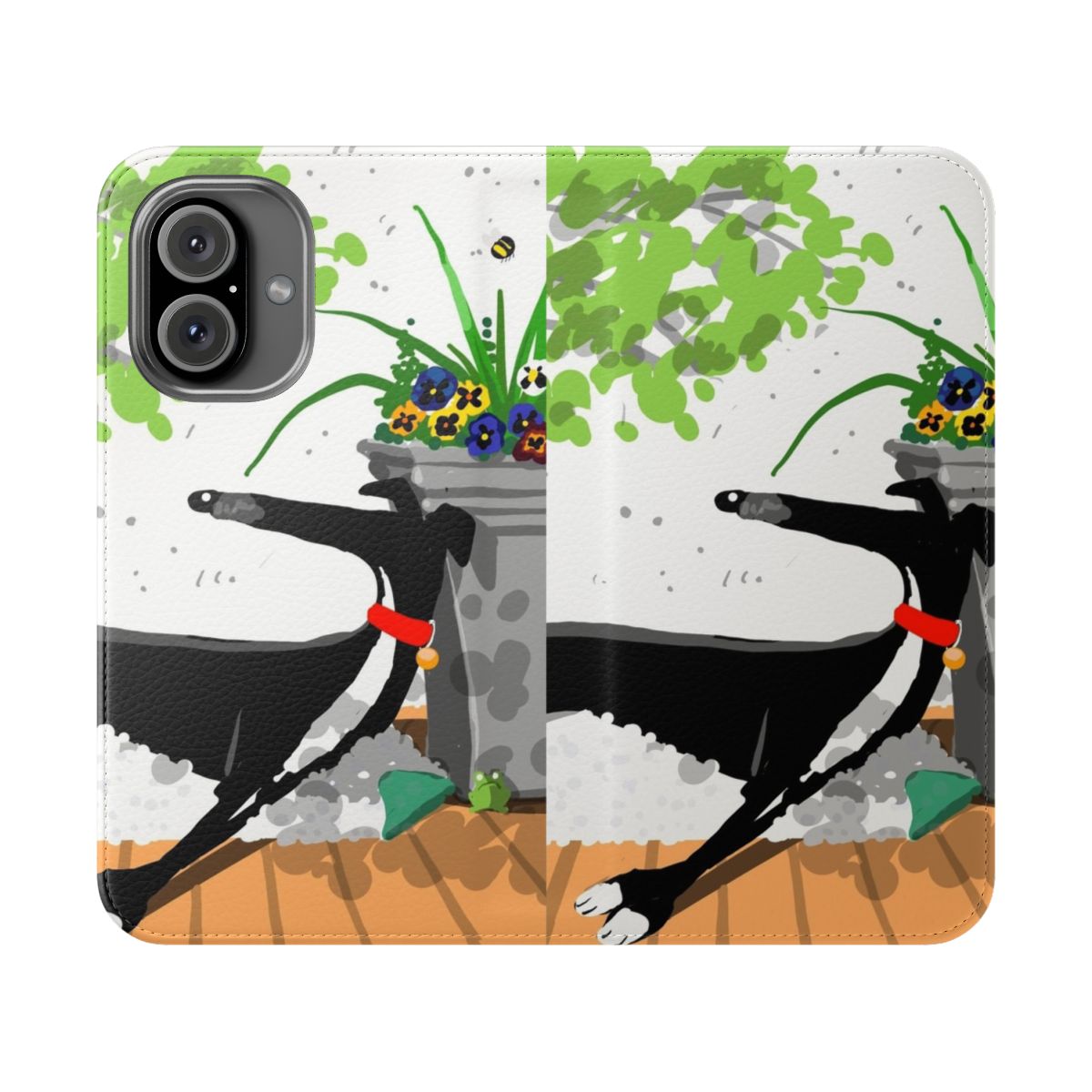 A flip cover phone case featuring a nature-inspired design with greyhounds, whippets, or lurchers.