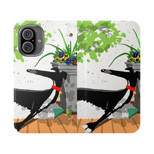 A flip cover phone case featuring a nature-inspired design with greyhounds, whippets, or lurchers.