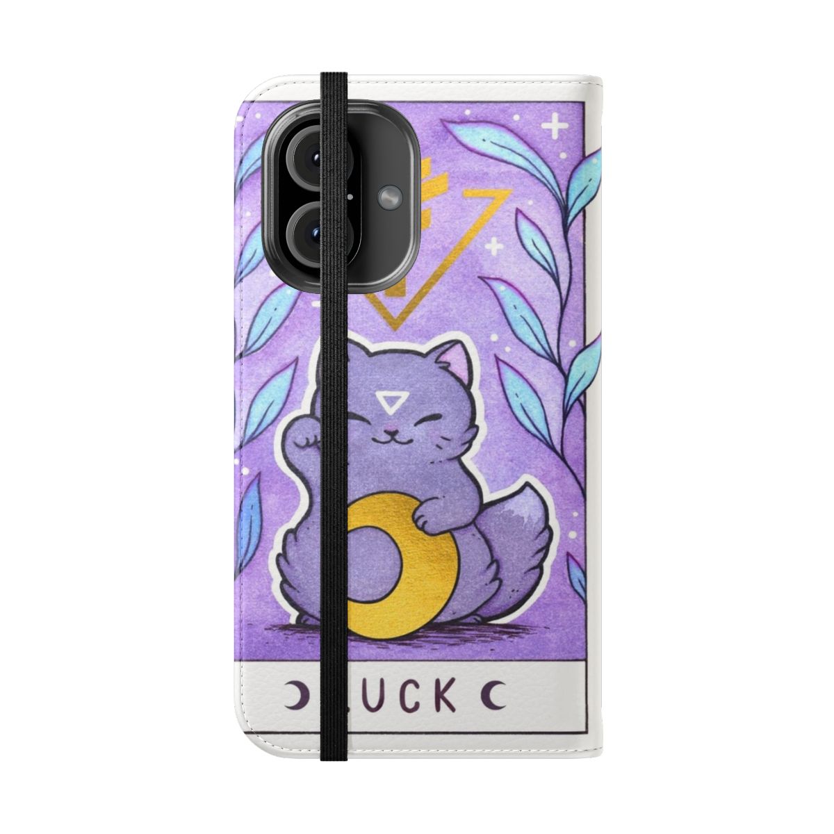 Mystical cat-themed flip phone case with a lucky black cat design - Folded Front