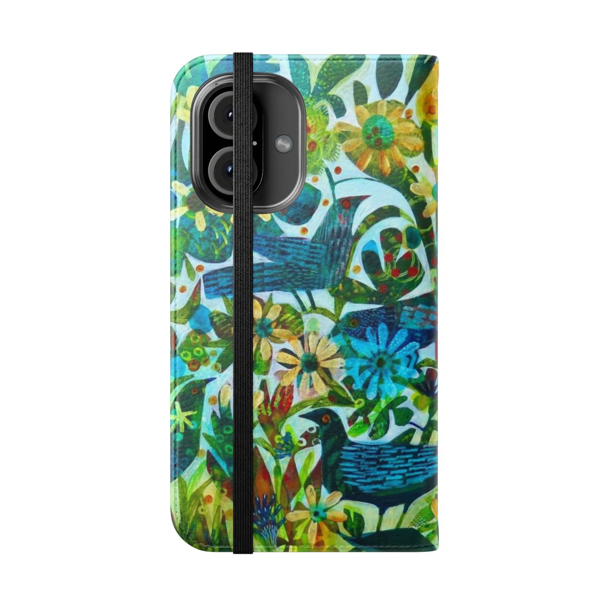 Vibrant and colorful flip cover phone case featuring a floral design by artist Este MacLeod - Folded Front