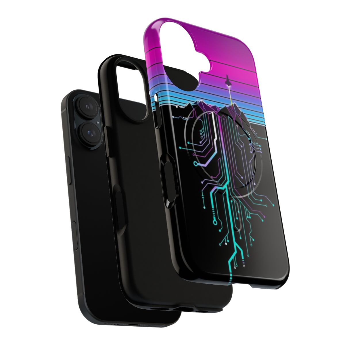 Cyberpunk-inspired phone case with a mountain and sunset landscape in a vaporwave aesthetic - Layers