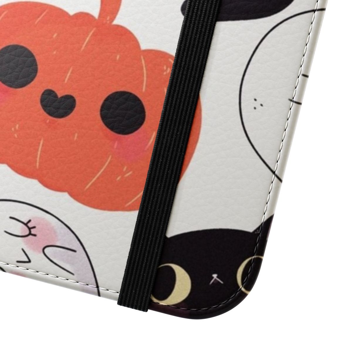 Spooky Halloween-themed flip cover phone case with cute cat, pumpkin, and ghost pattern - Close Up