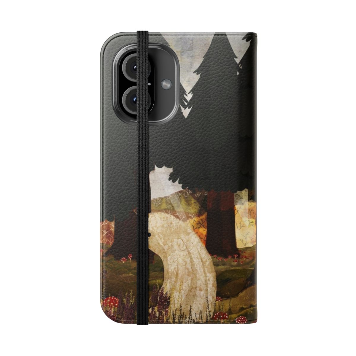 Whimsical phone case featuring a fantasy mushroom king in an enchanted forest - Folded Front