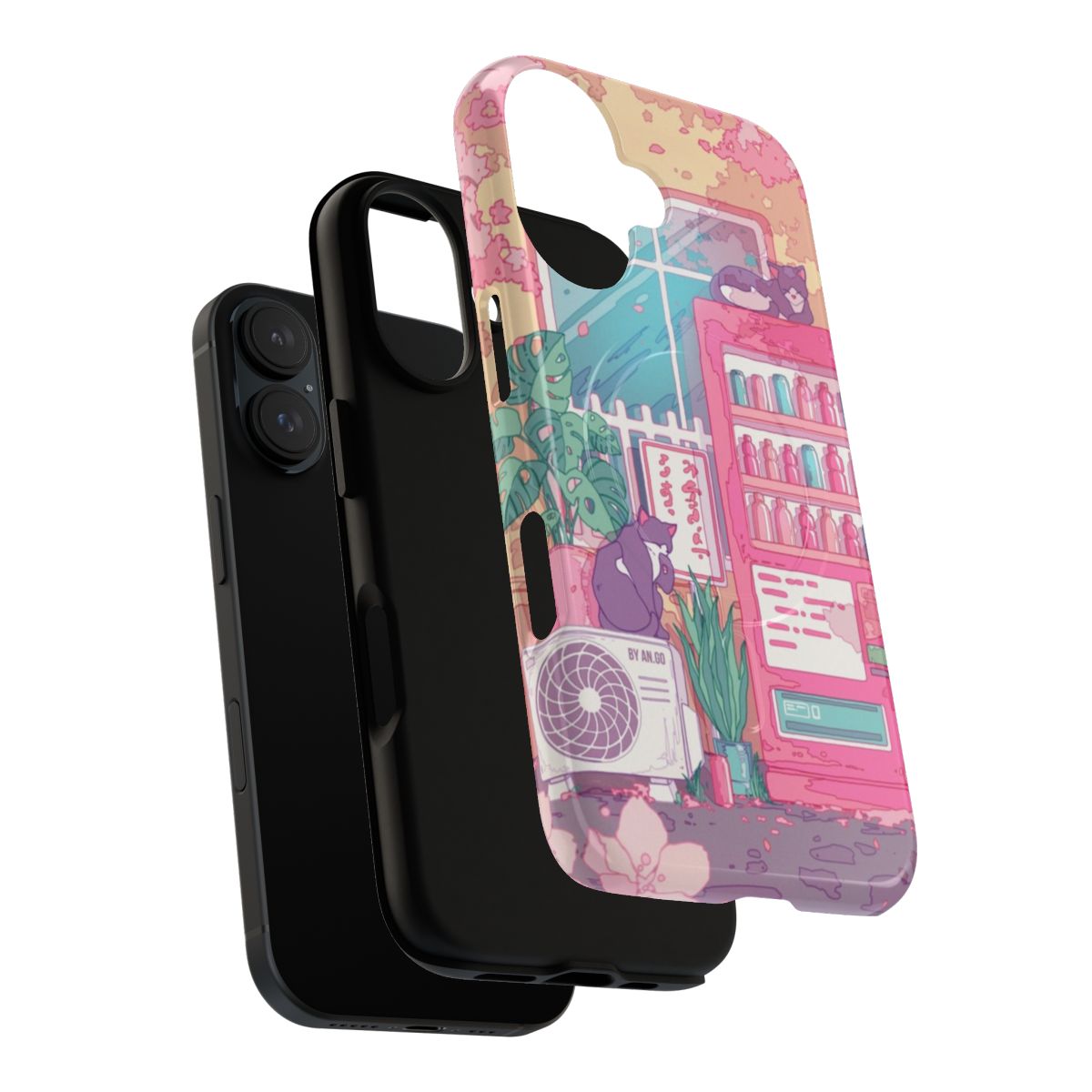 Magnetic tough phone case with a design featuring pink cherry blossoms, city street, and cute cats - Layers