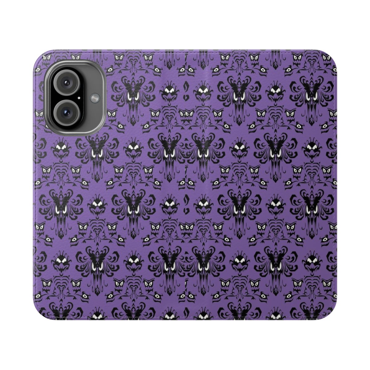 Haunted mansion-themed flip cover phone case with spooky graphics