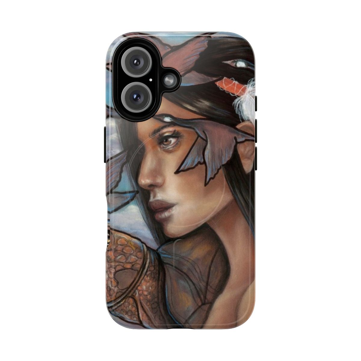 Artistic phone case featuring a surreal portrait of the Iroquois Sky Woman goddess with feathers, turtles, and geese.