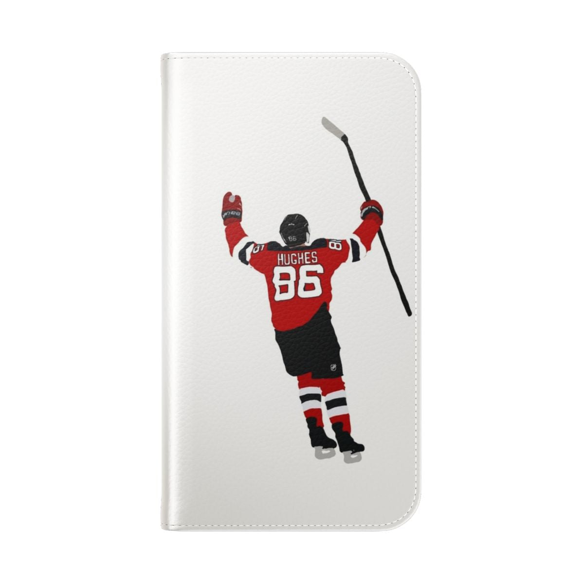 Hockey inspired phone case cover with the New Jersey Devils logo and player name "Jack Hughes" - Folded Back