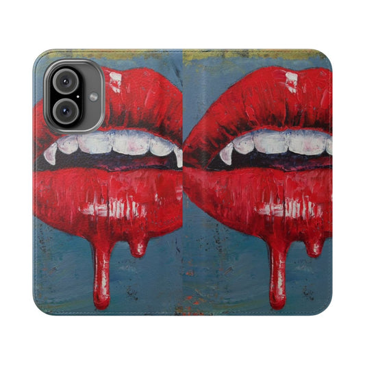 Vampire-inspired flip phone case with dripping blood and fangs