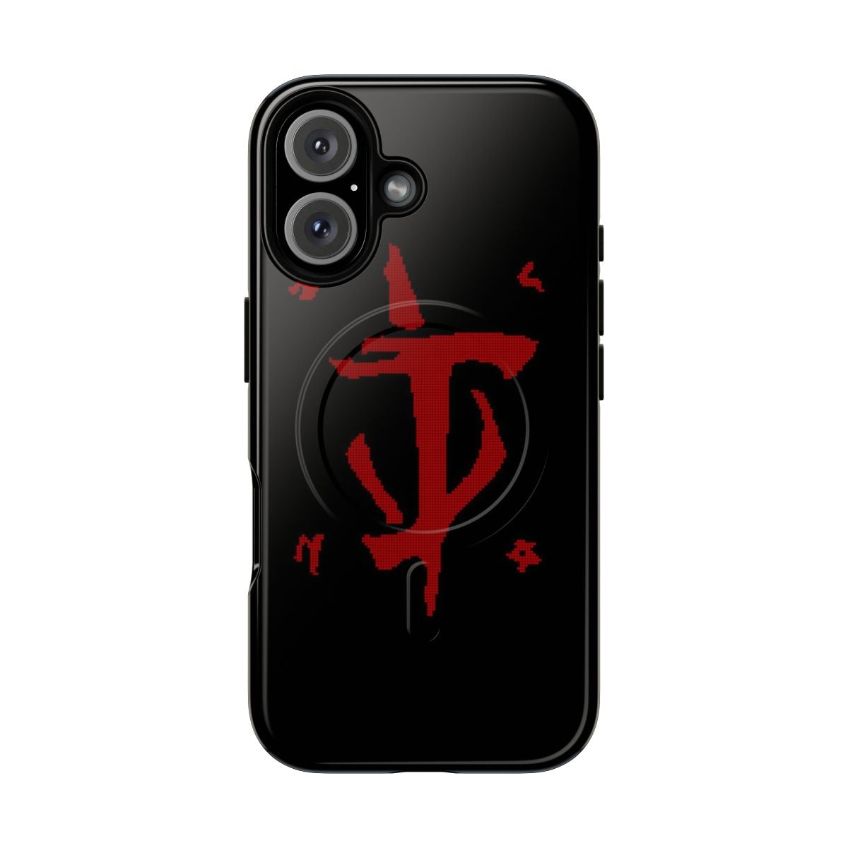 Pixel art phone case with a Doom-inspired design featuring a magnetic tough cover.