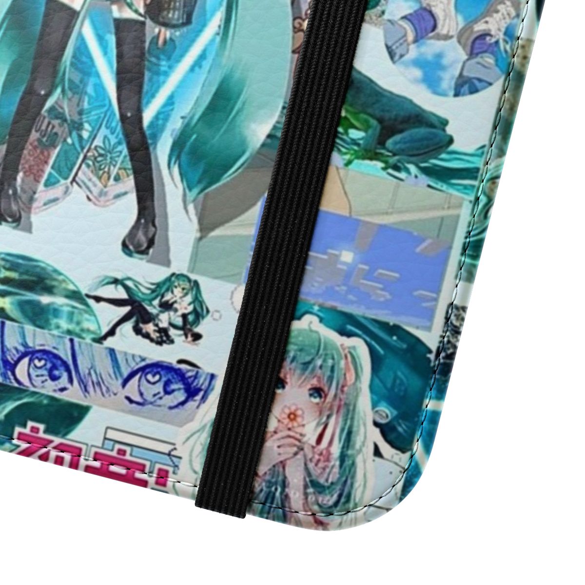 Anime-inspired flip phone case featuring Miku Hatsune, a popular vocaloid character, in a blue and white aesthetic. - Close Up