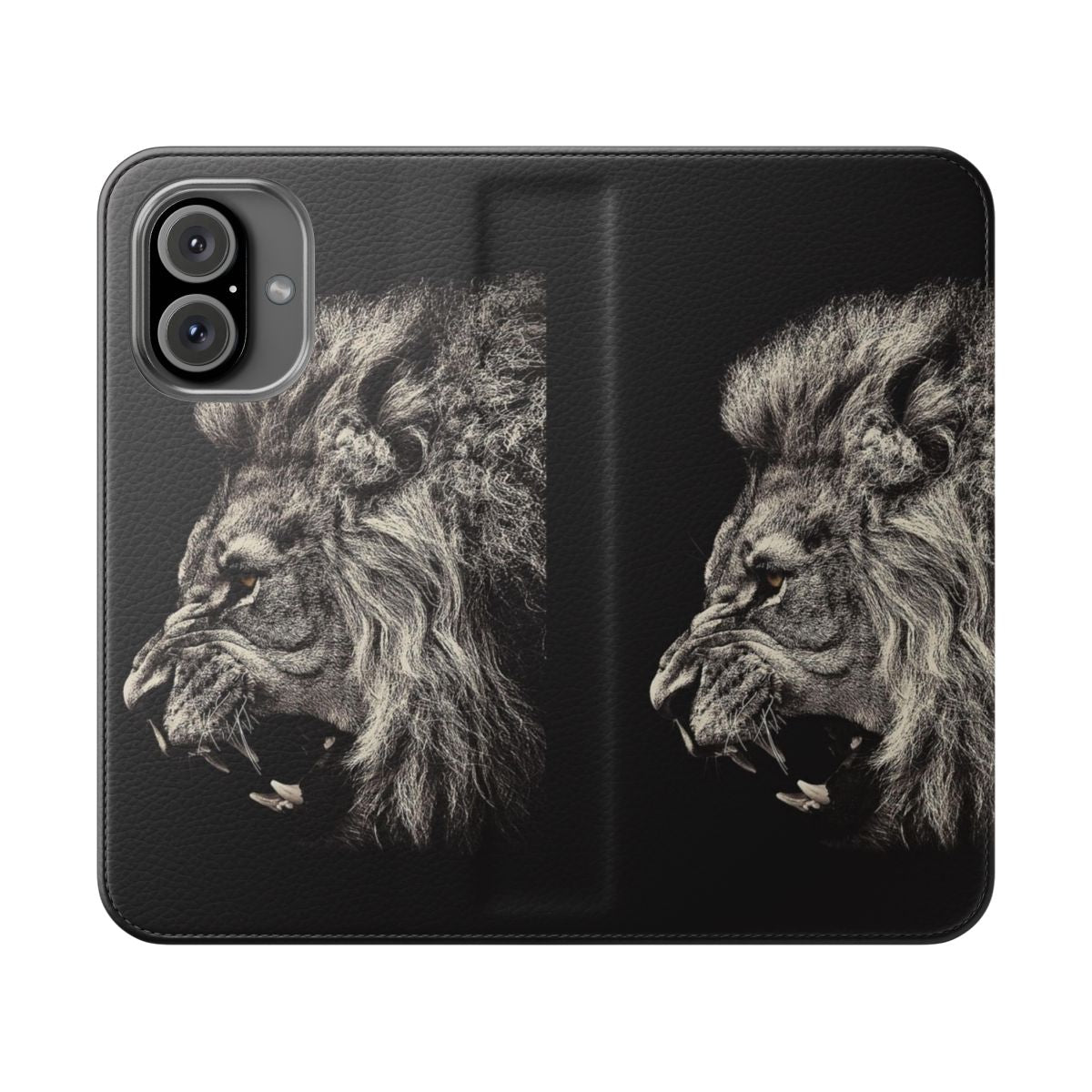 Roaring lion graphic on a stylish flip phone case