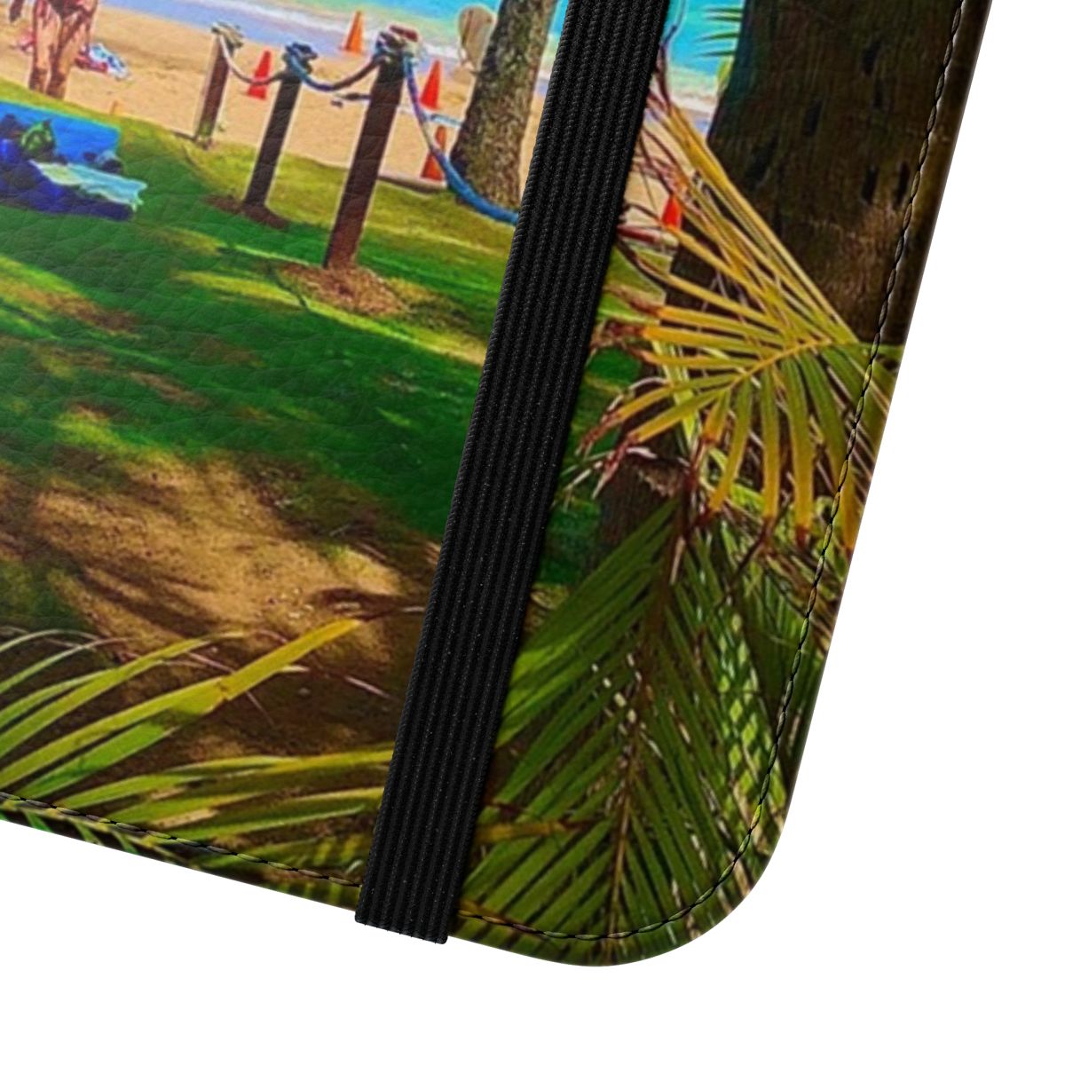 Tropical paradise-inspired flip cover phone case with palm trees and beach design - Close Up