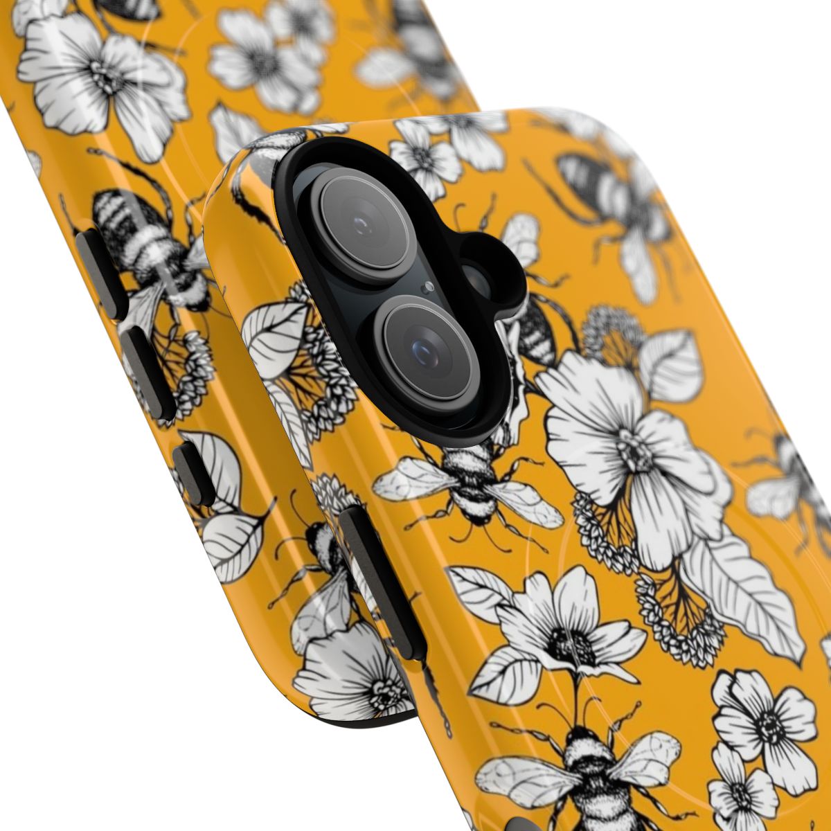 Vintage-inspired honey bee seamless pattern design on a protective phone case. - Detail