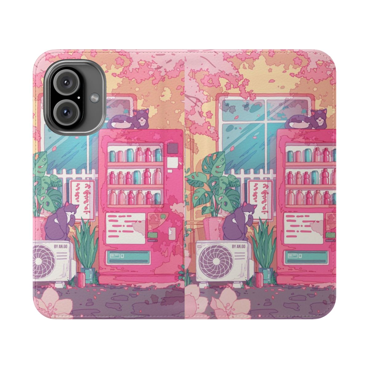 Flip cover phone case featuring a pink cherry blossom design and cute cats