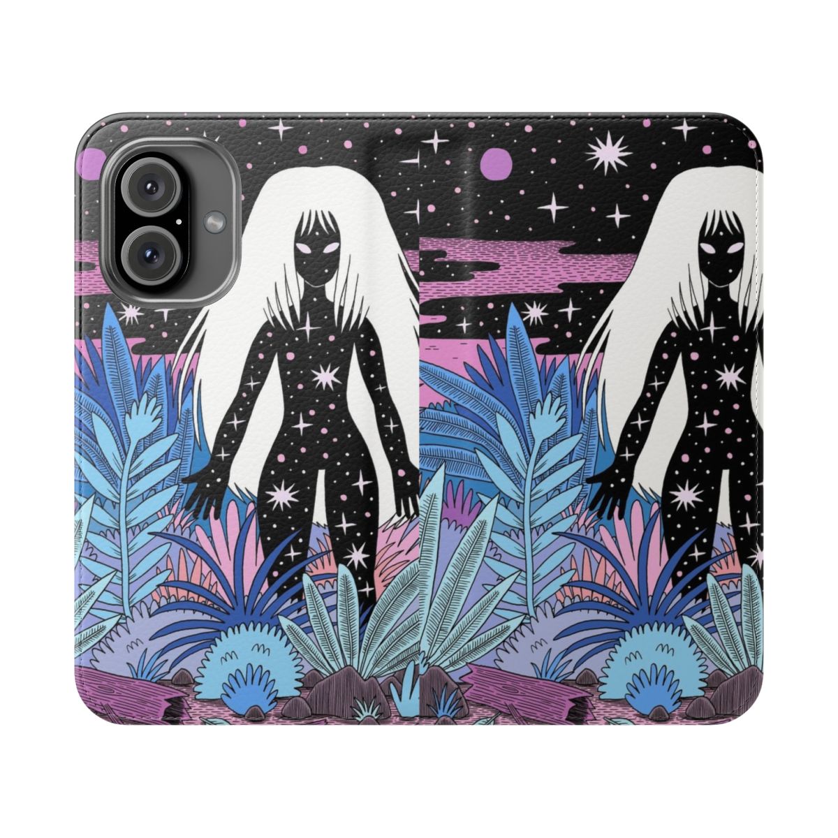 Cosmic goddess nature-inspired phone case with purple, blue, and pink patterns and details of the universe, stars, and planets.