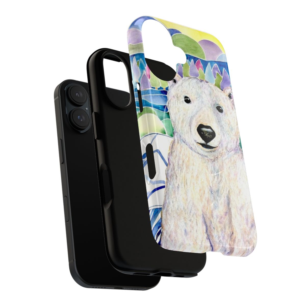 Colorful, textured phone case featuring a detailed illustration of a polar bear in the Arctic tundra - Layers