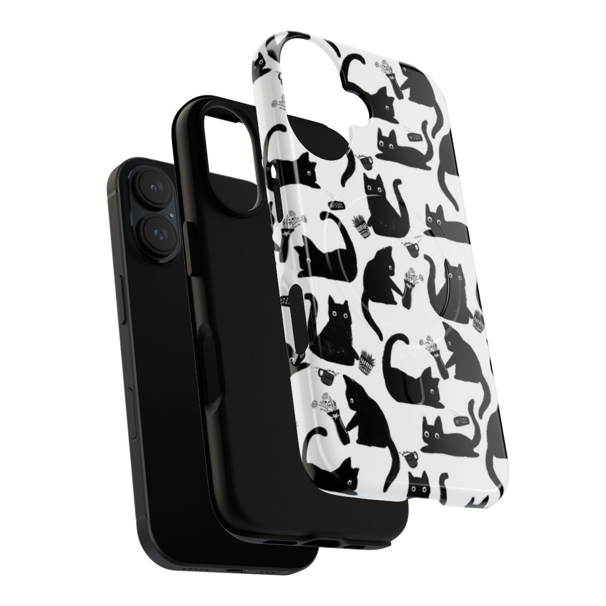 Magnetic tough phone case featuring a whimsical pattern of cats knocking over items - Layers