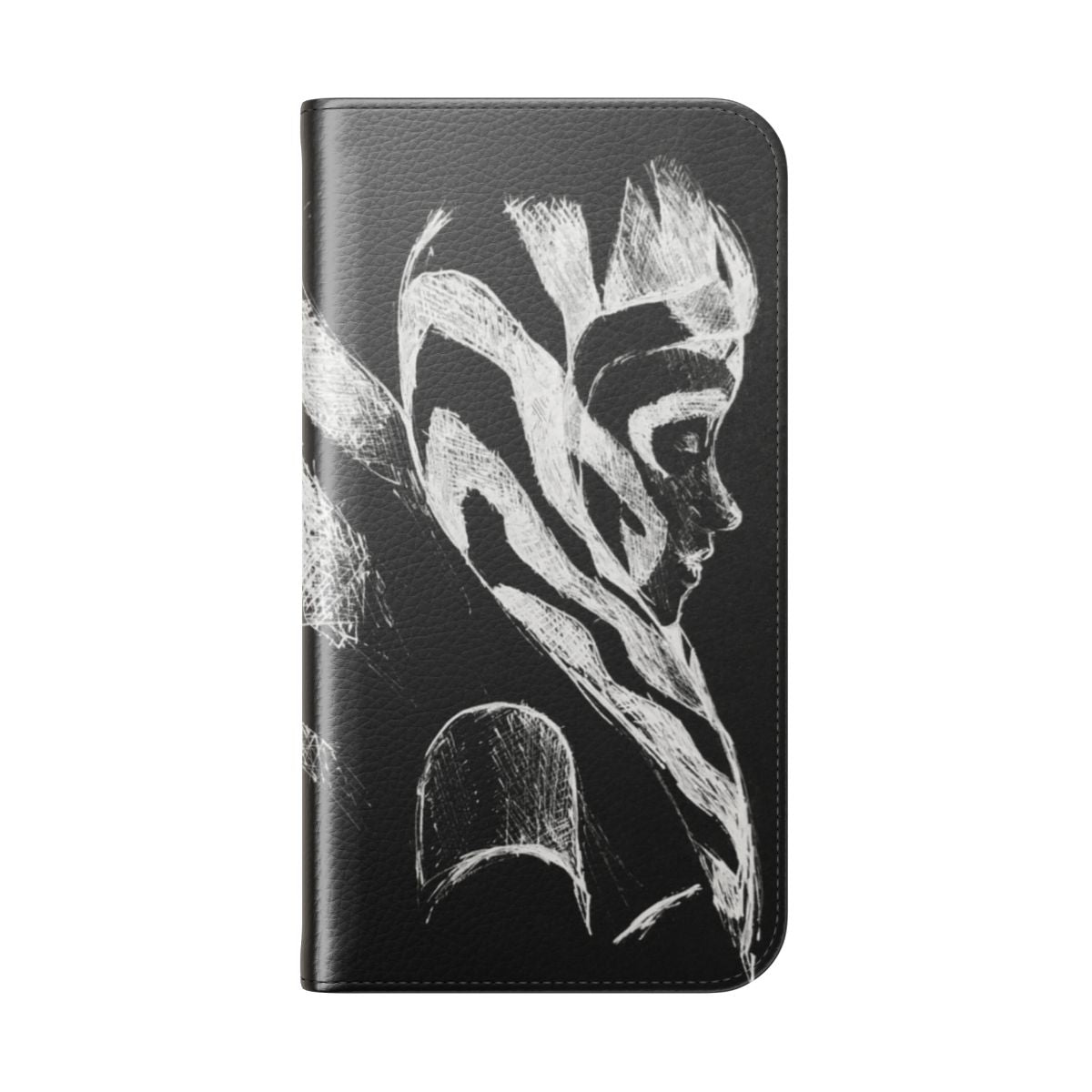 Stylized black and white sketch art design of Ahsoka Tano, a popular character from the Star Wars universe, on a flip phone case. - Folded Back