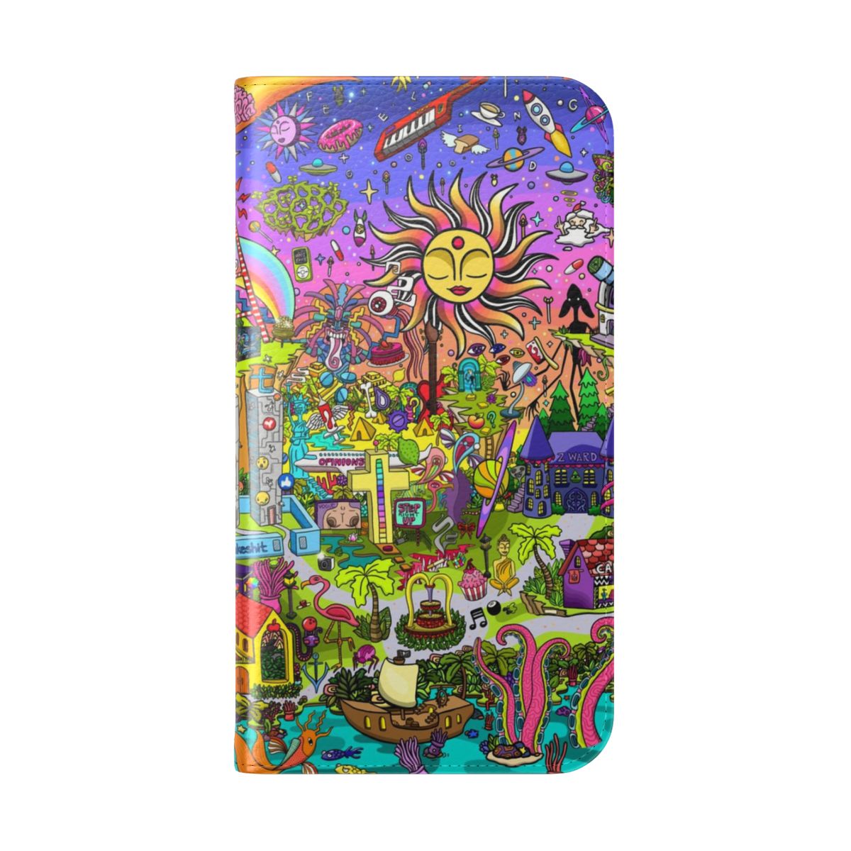 Psychedelic flip cover phone case with a surreal, cosmic design featuring the sun, stars, and abstract elements. - Folded Back