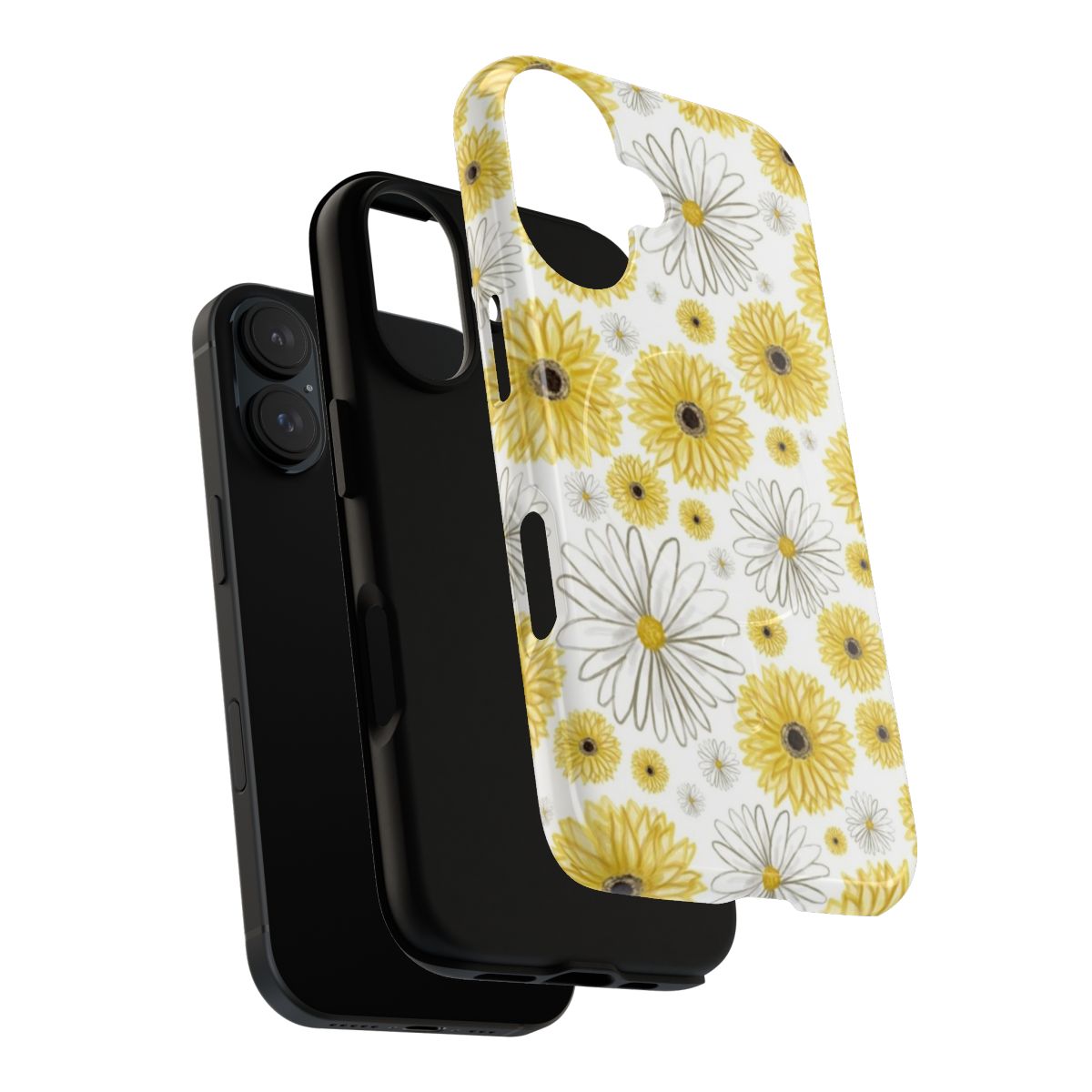 A phone case with a pattern of yellow daisies on a white background - Layers