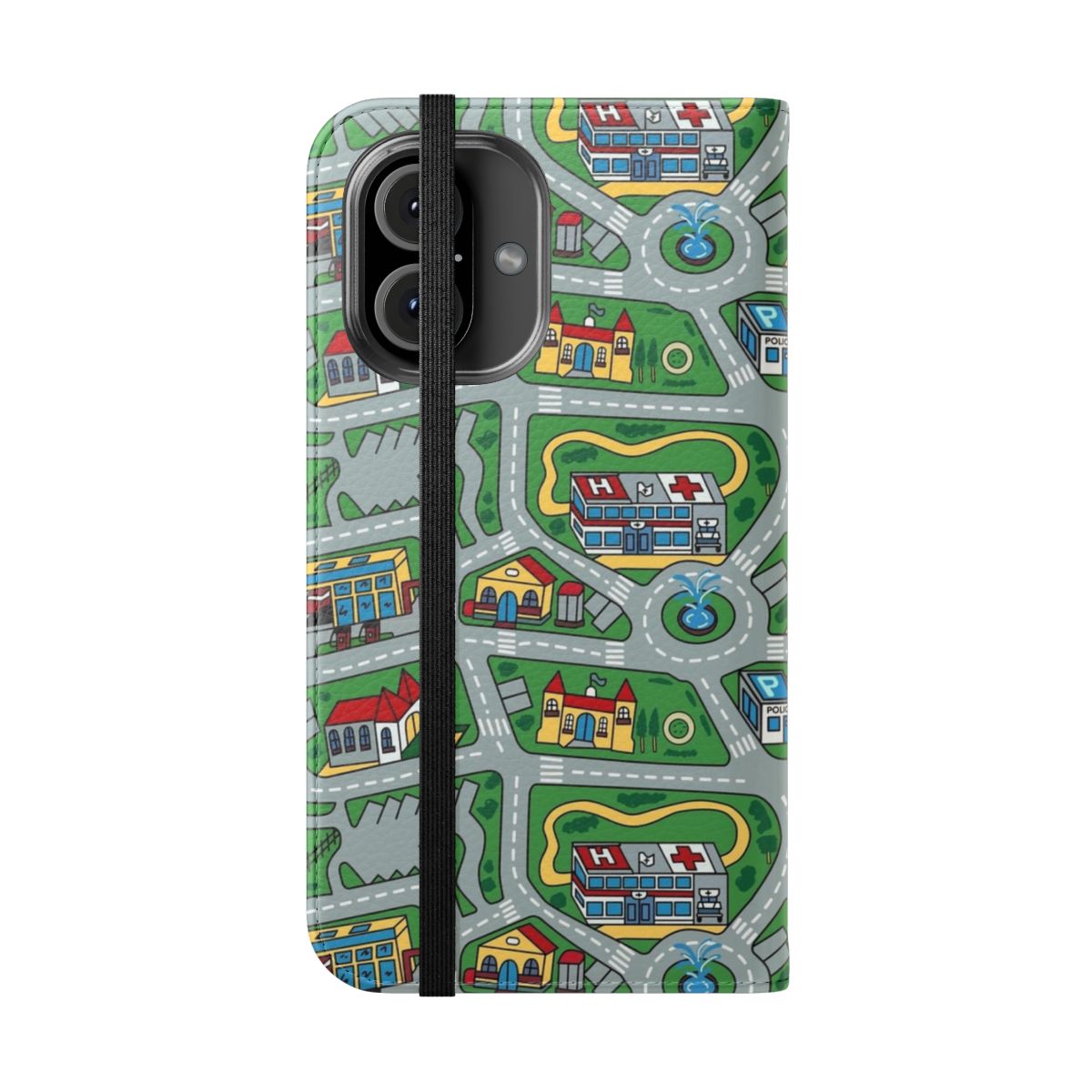 Vintage 90s-inspired phone case with a nostalgic car city road rug pattern, perfect for a retro or throwback aesthetic. - Folded Front