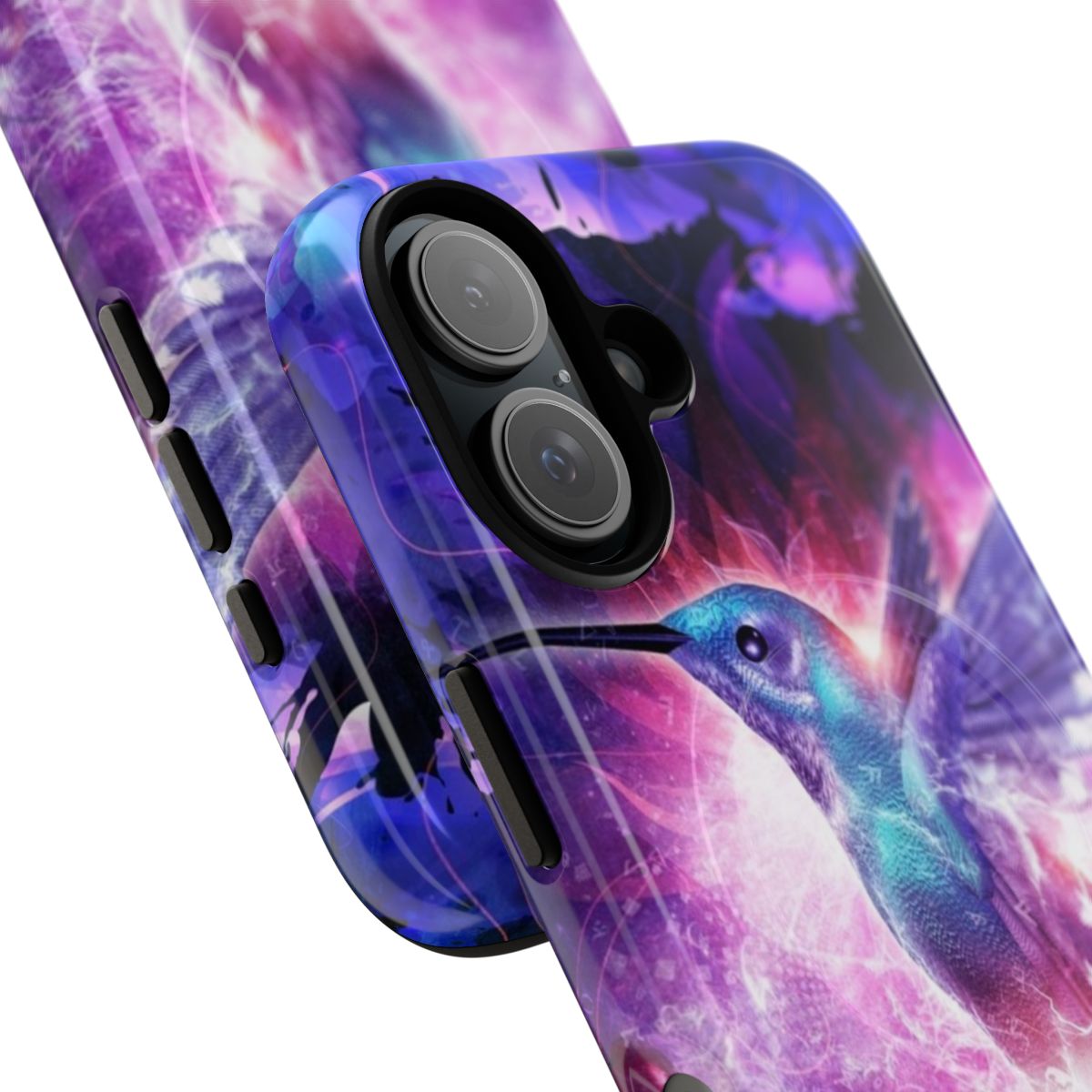 Colorful phone case featuring a hummingbird design in a cosmic, space-inspired setting. - Detail