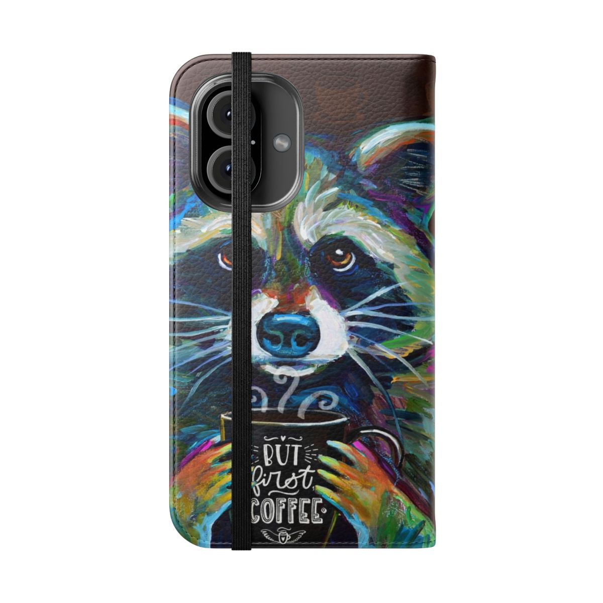 Cute raccoon-themed flip cover phone case with "But First Coffee" design - Folded Front