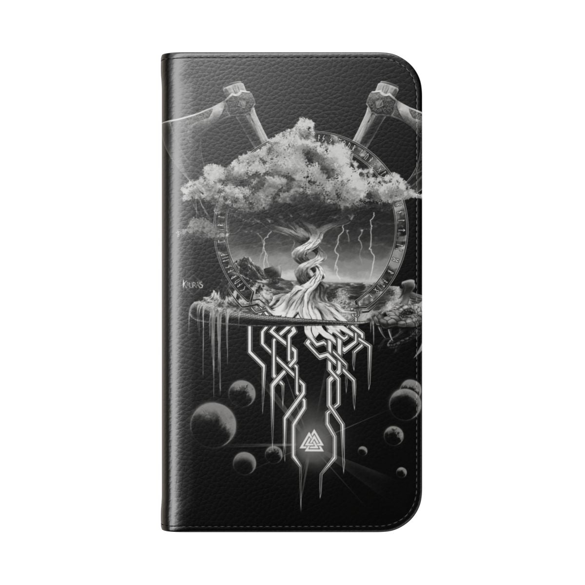 Closeup of a stylish phone case with Viking and Norse mythology inspired design. - Folded Back