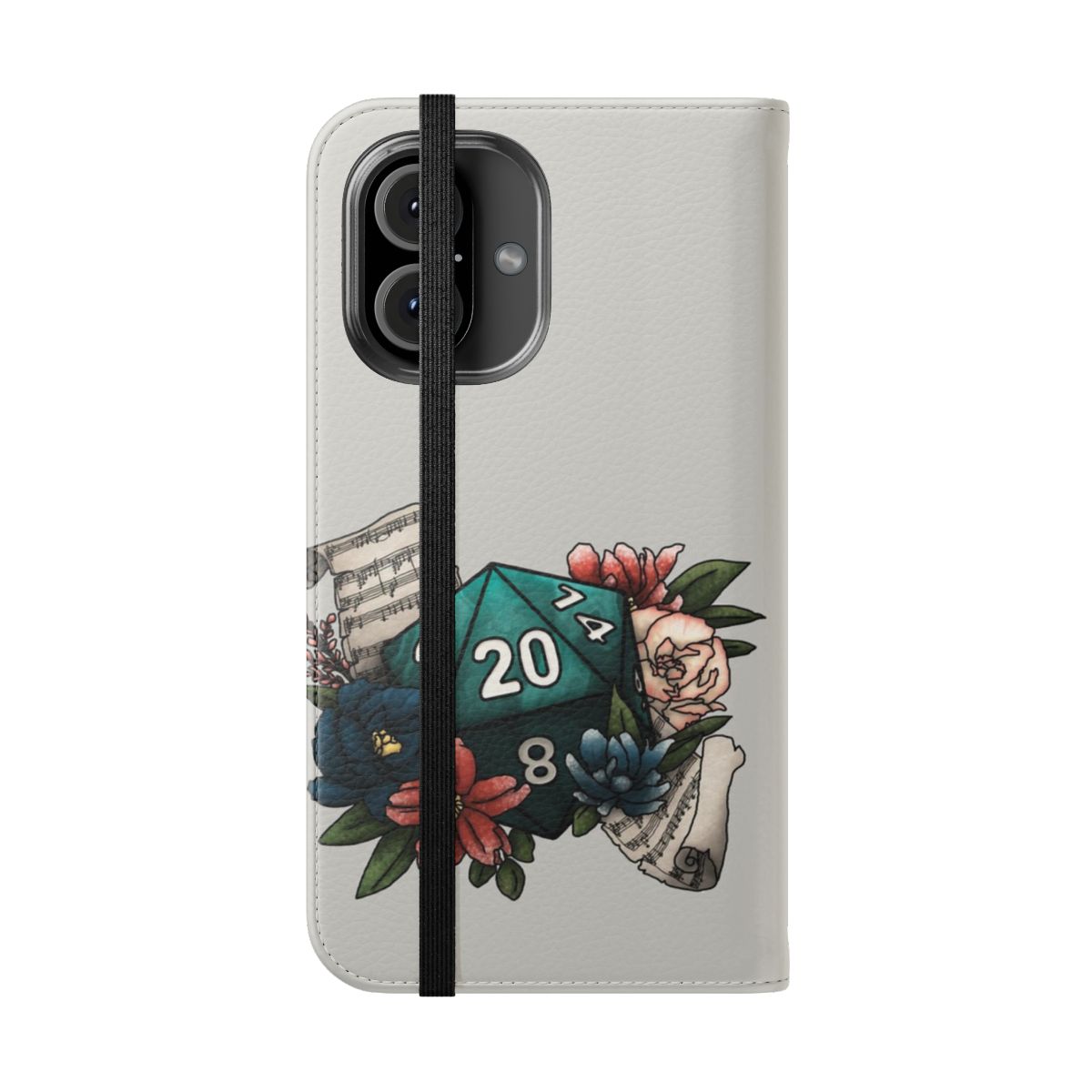 Bard-themed phone case with a D20 dice design for tabletop roleplaying gamers - Folded Front