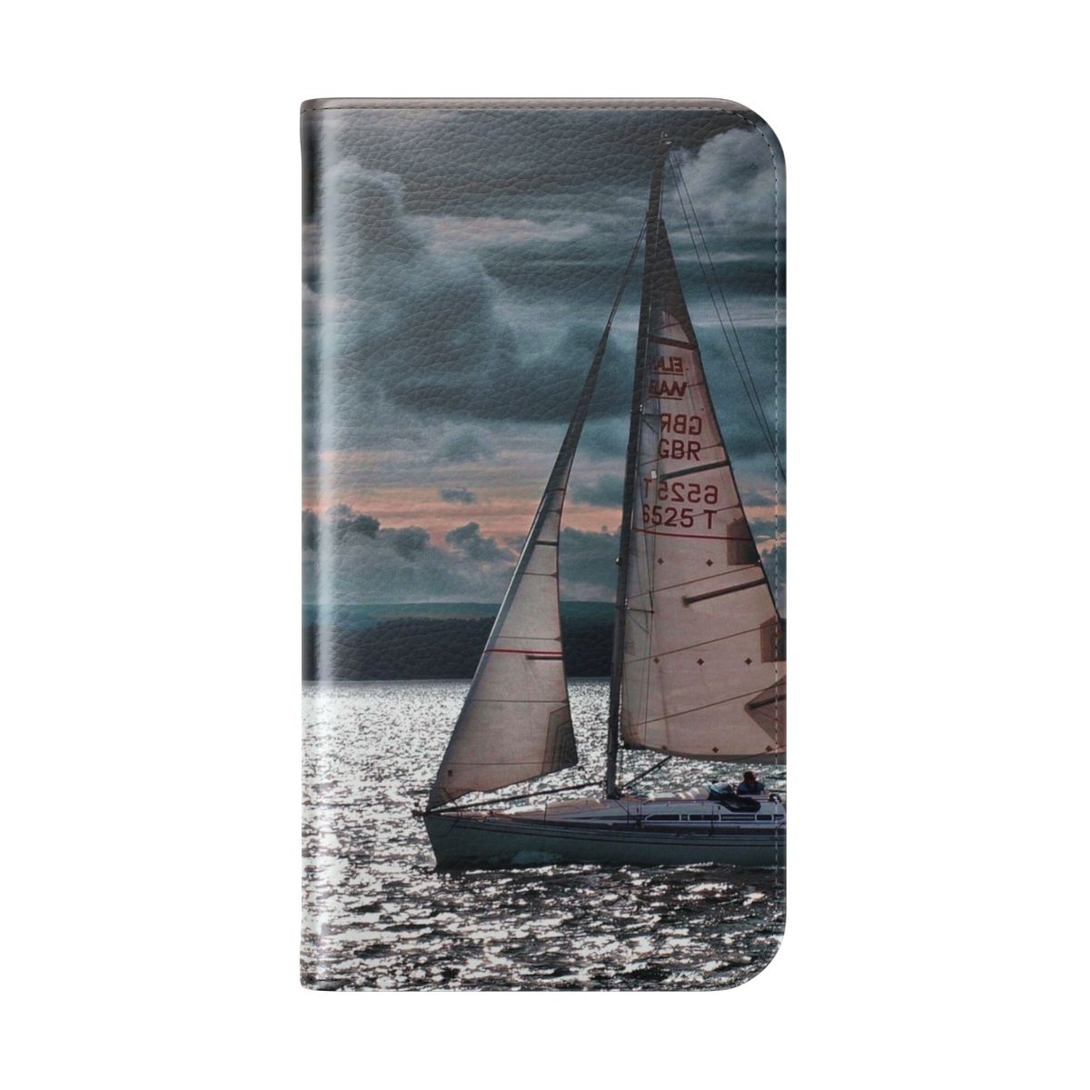 Vibrant phone case featuring a beautiful sunset over the ocean with a sailing boat - Folded Back