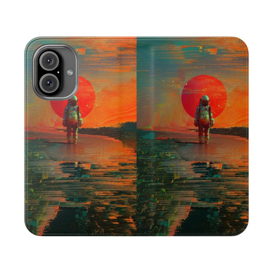 A flip phone case featuring a surreal, space-inspired graphic design with an astronaut, planets, and stars.