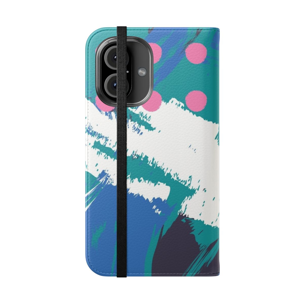 A vibrant, patterned flip cover phone case with an abstract sea spray design in 1980s inspired colors. - Folded Front