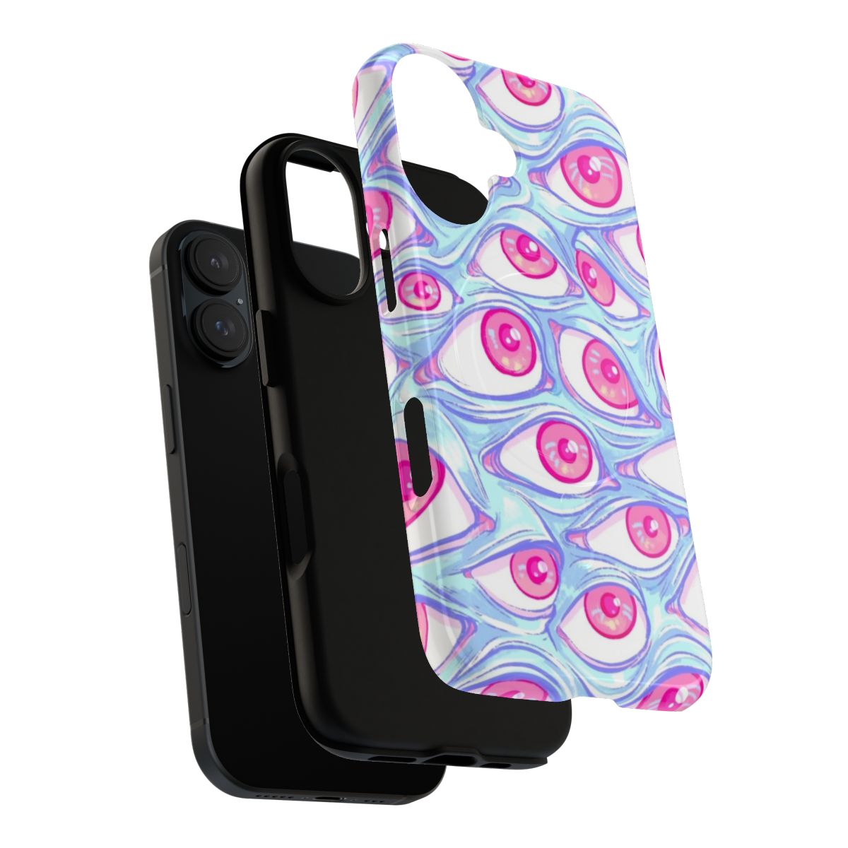 A phone case with a repeating pattern of bizarre, spooky eyeballs in shades of blue. - Layers