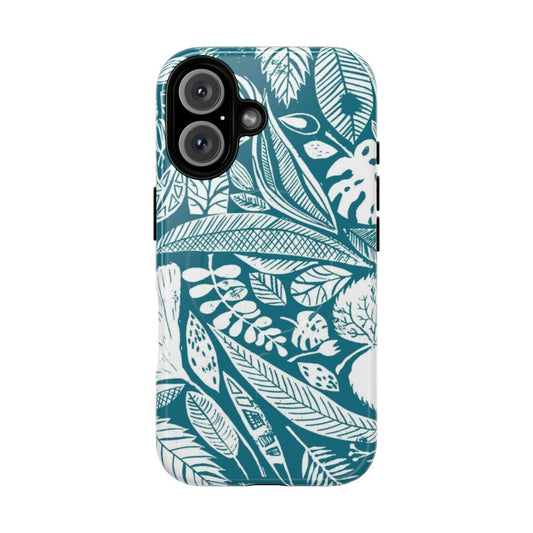 Artisanal nature-inspired magnetic tough phone case featuring linocut printed tropical leaves and foliage