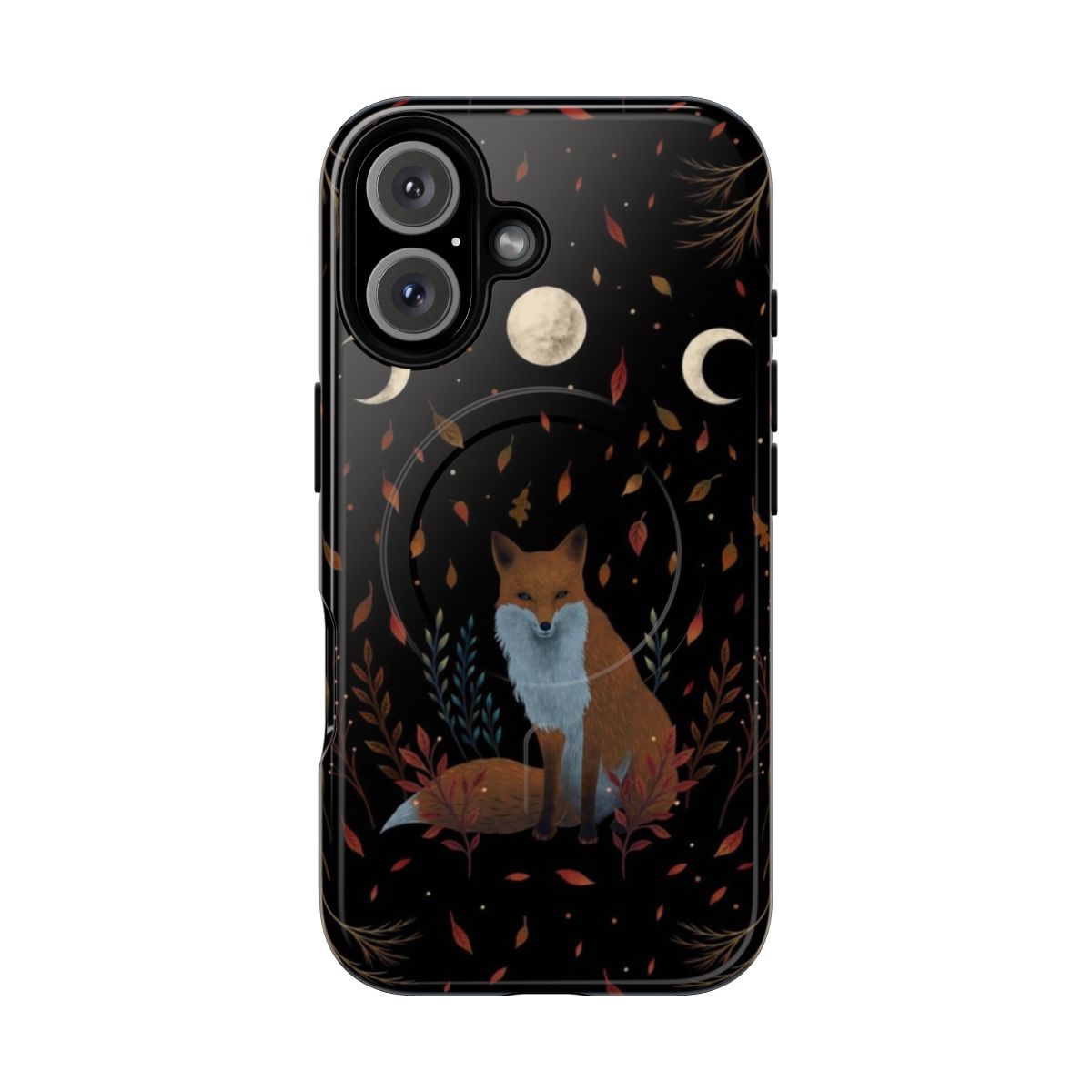 Autumn-themed phone case featuring a red fox design with a moon and floral elements