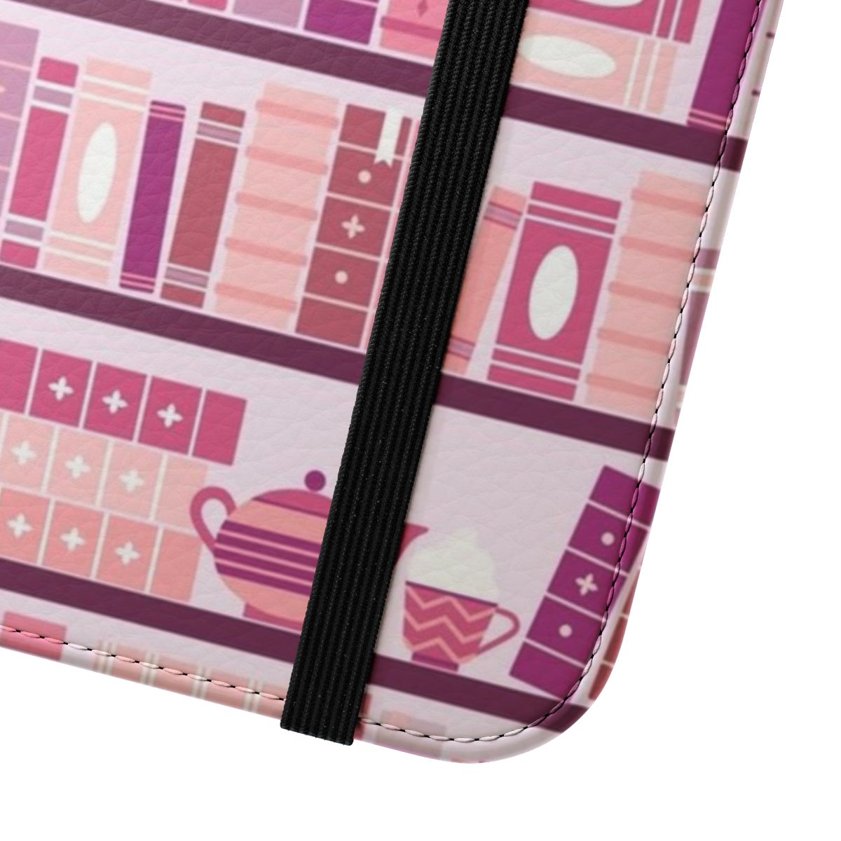 A pink and purple phone case with a cozy bookcase pattern, perfect for book lovers. - Close Up