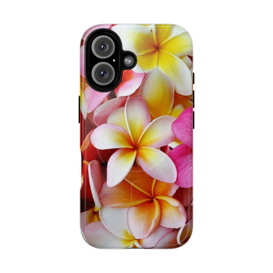 Closeup of a pink and white plumeria flower on a magnetic phone case.