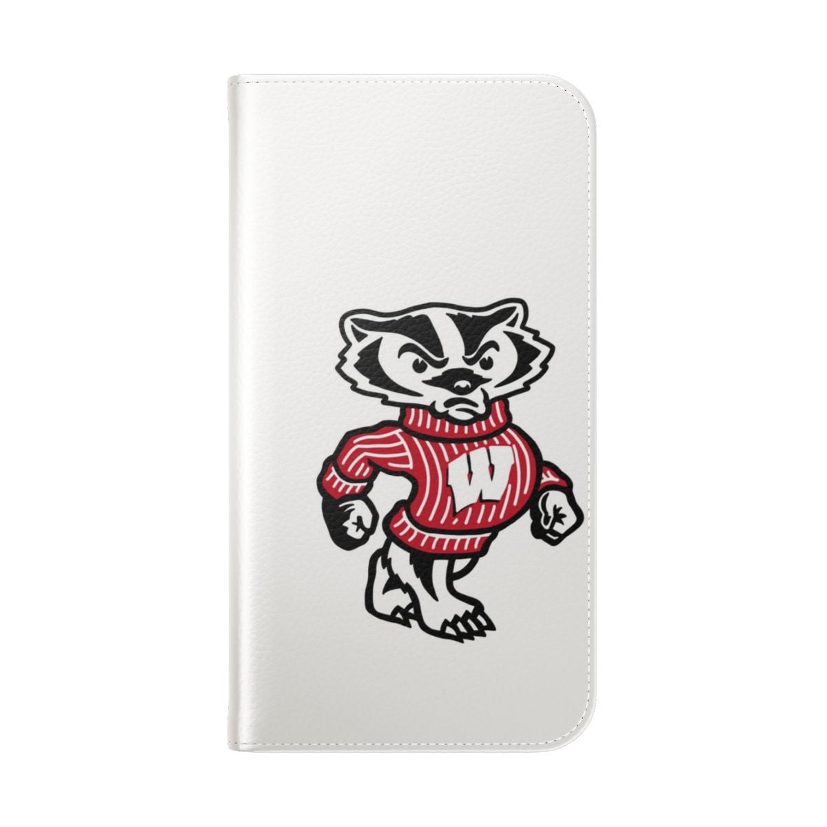 Red and white Bucky Badger logo on a flip phone case - Folded Back