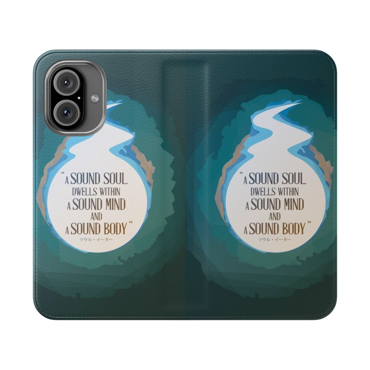 A flip phone case design featuring the "Soul Eater" anime series' iconic characters and themes of sports, fitness, and Zen lifestyle.