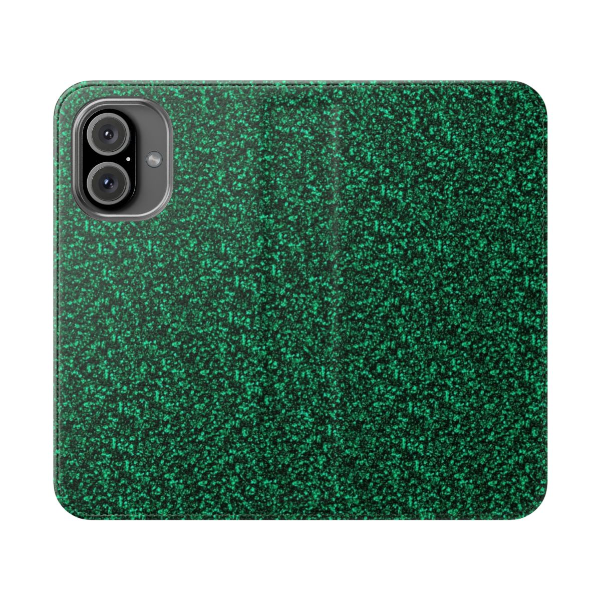 Emerald green phone case with a glittery, shimmering effect