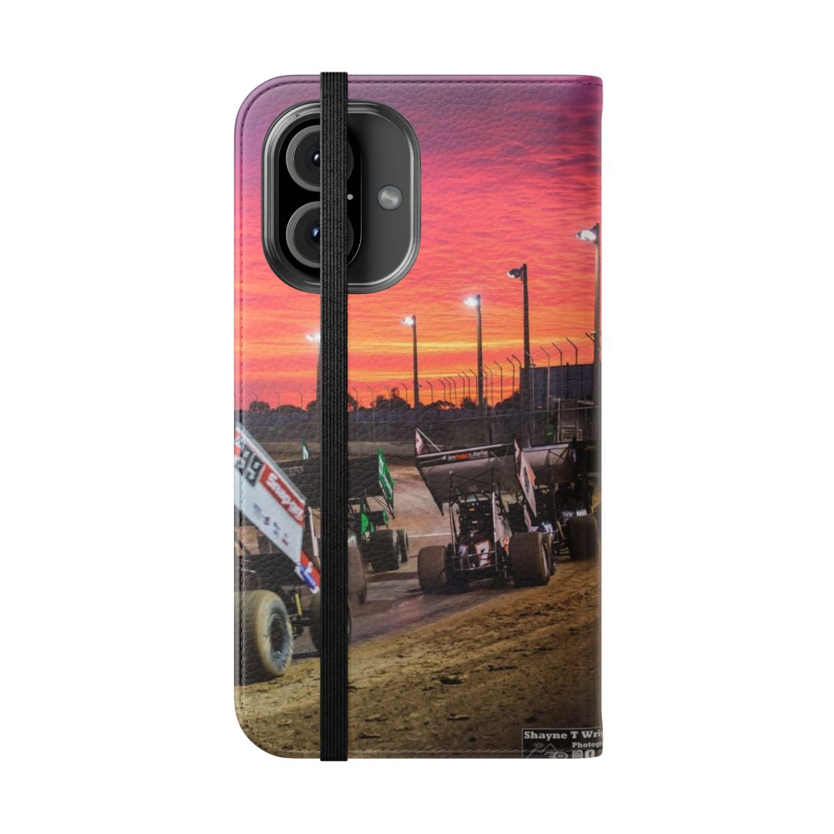 Flip cover phone case featuring a vibrant sunset over a speedway track with race cars. - Folded Front