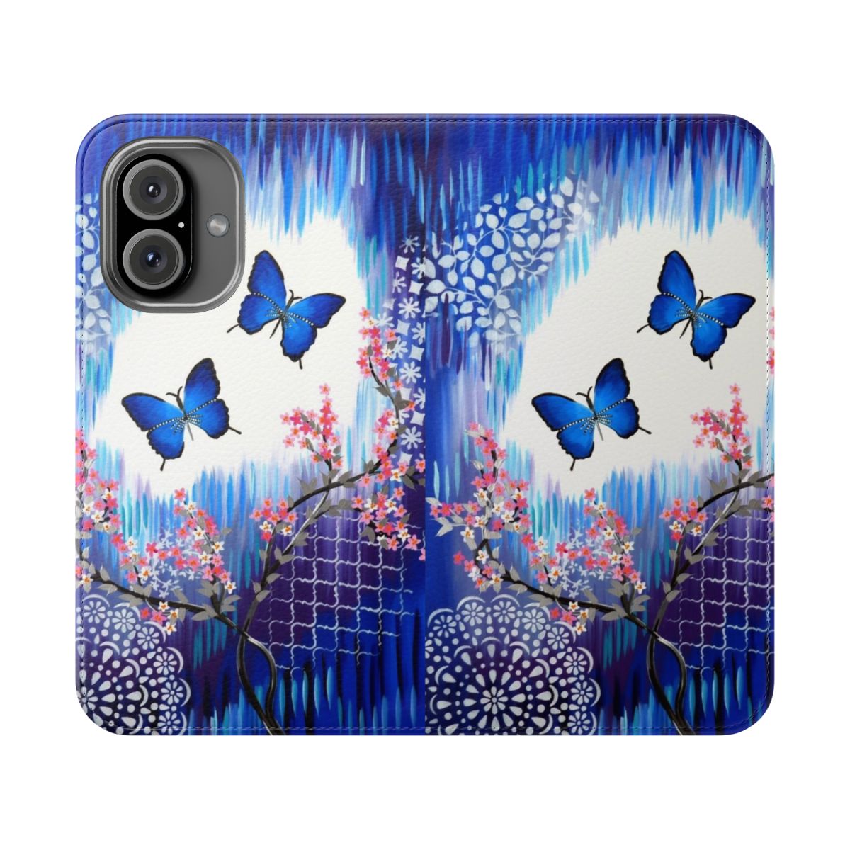 Blue butterfly design on a flip phone case