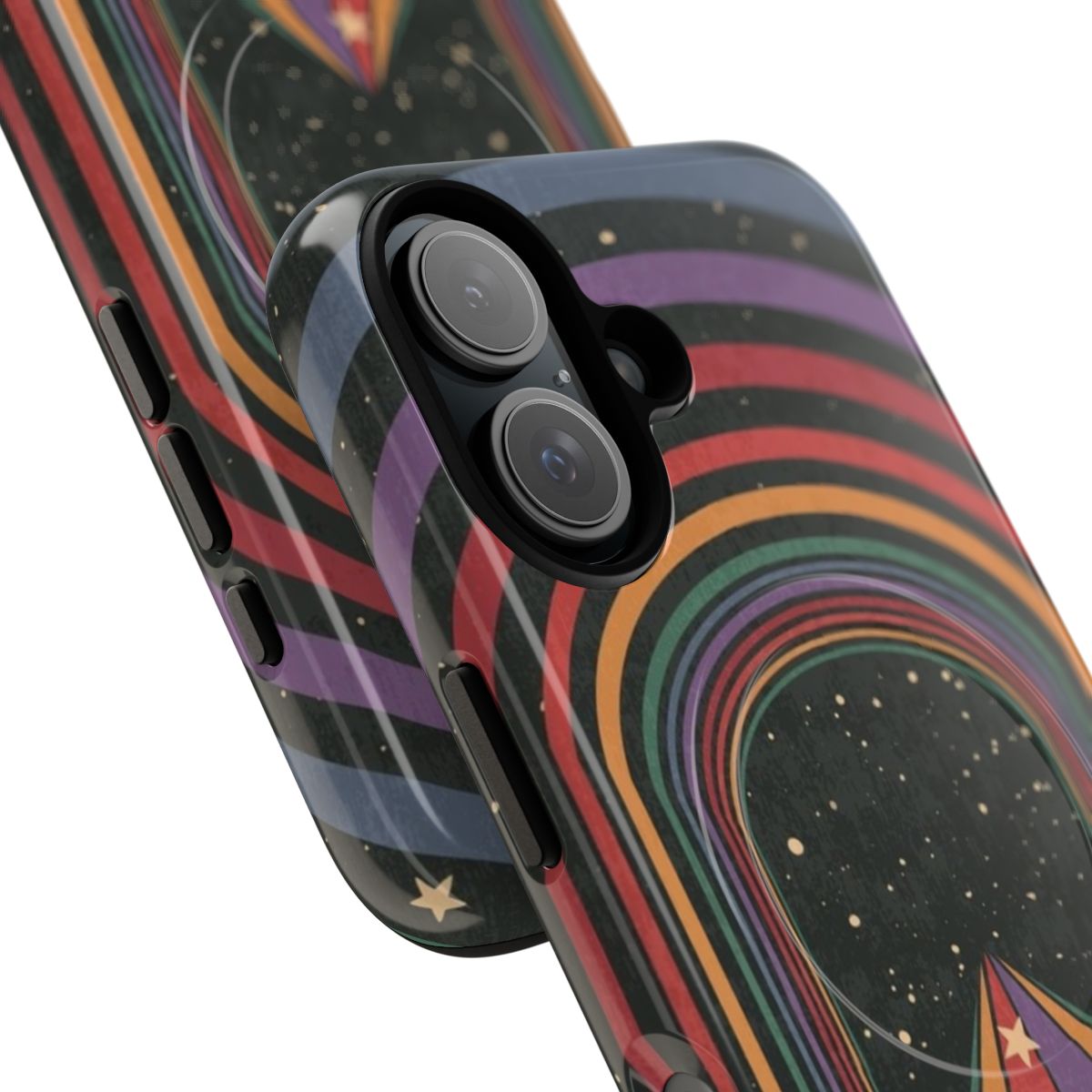 Retro psychedelic phone case featuring The Doors "Break On Through to the Other Side" artwork with cosmic rainbow and stars design. - Detail