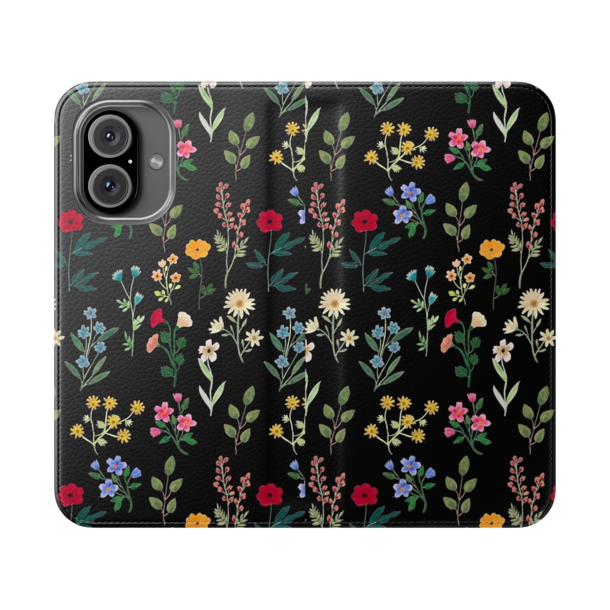 Closeup of a black flip cover phone case featuring a vibrant floral pattern design.