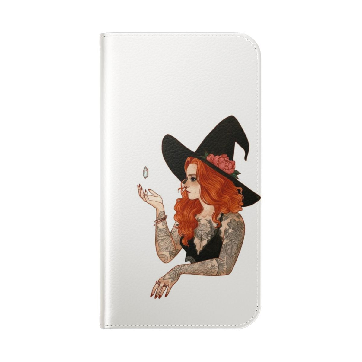 A vibrant red-haired witch phone case featuring a tattoo design and floral accents. - Folded Back