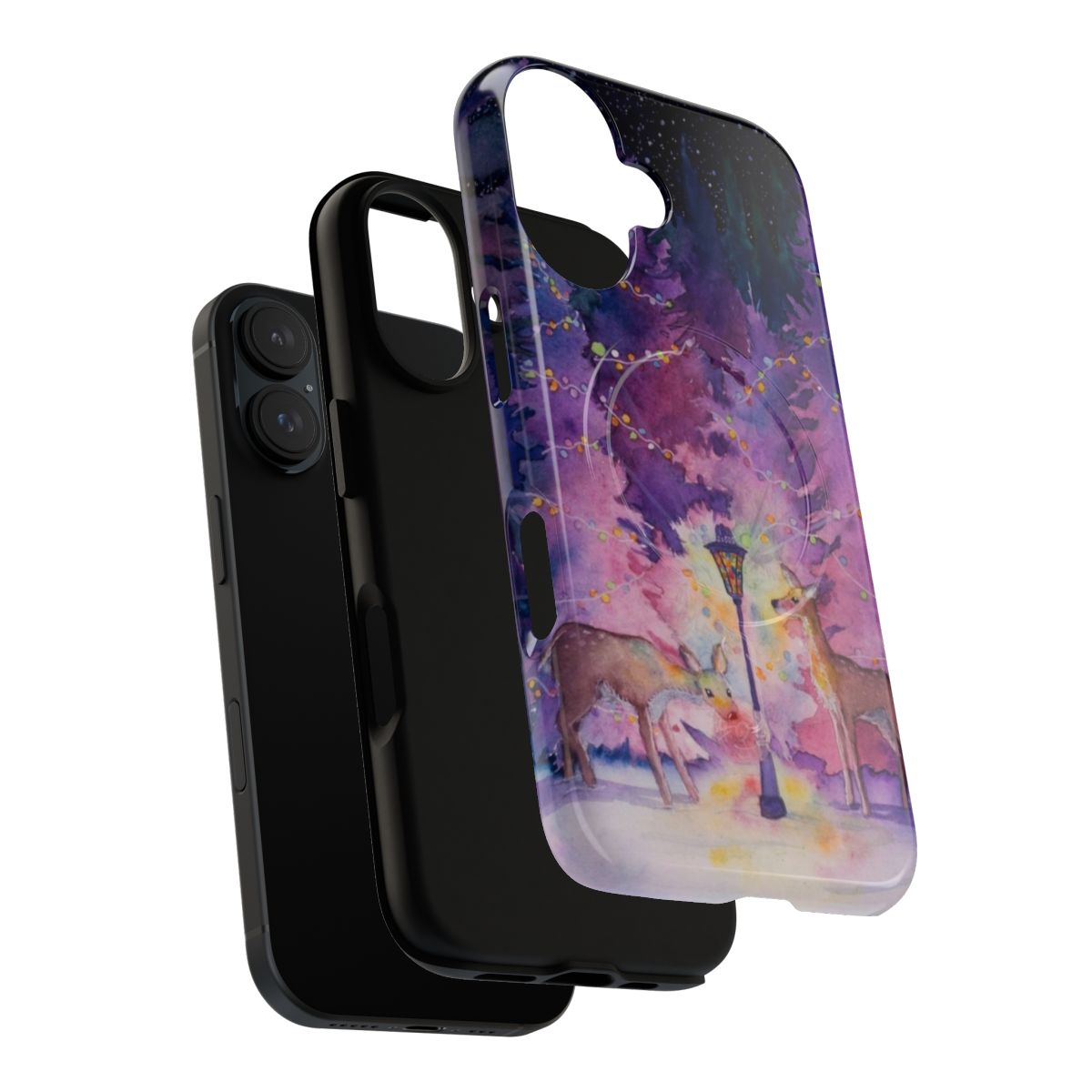 Merry and bright iridescent phone case with a dreamy winter scene featuring a deer in the woods - Layers